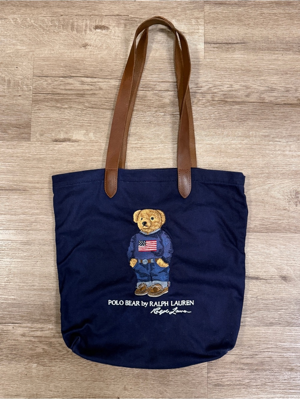 Polo Ralph Lauren Polo Bear Tote Bag Navy Blue Flag Leather Straps